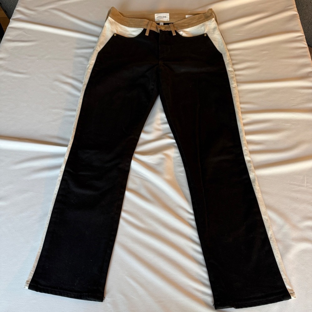 FRAME Le High Straight Colorblock Jeans Black White Tan Side Stripe Size 26